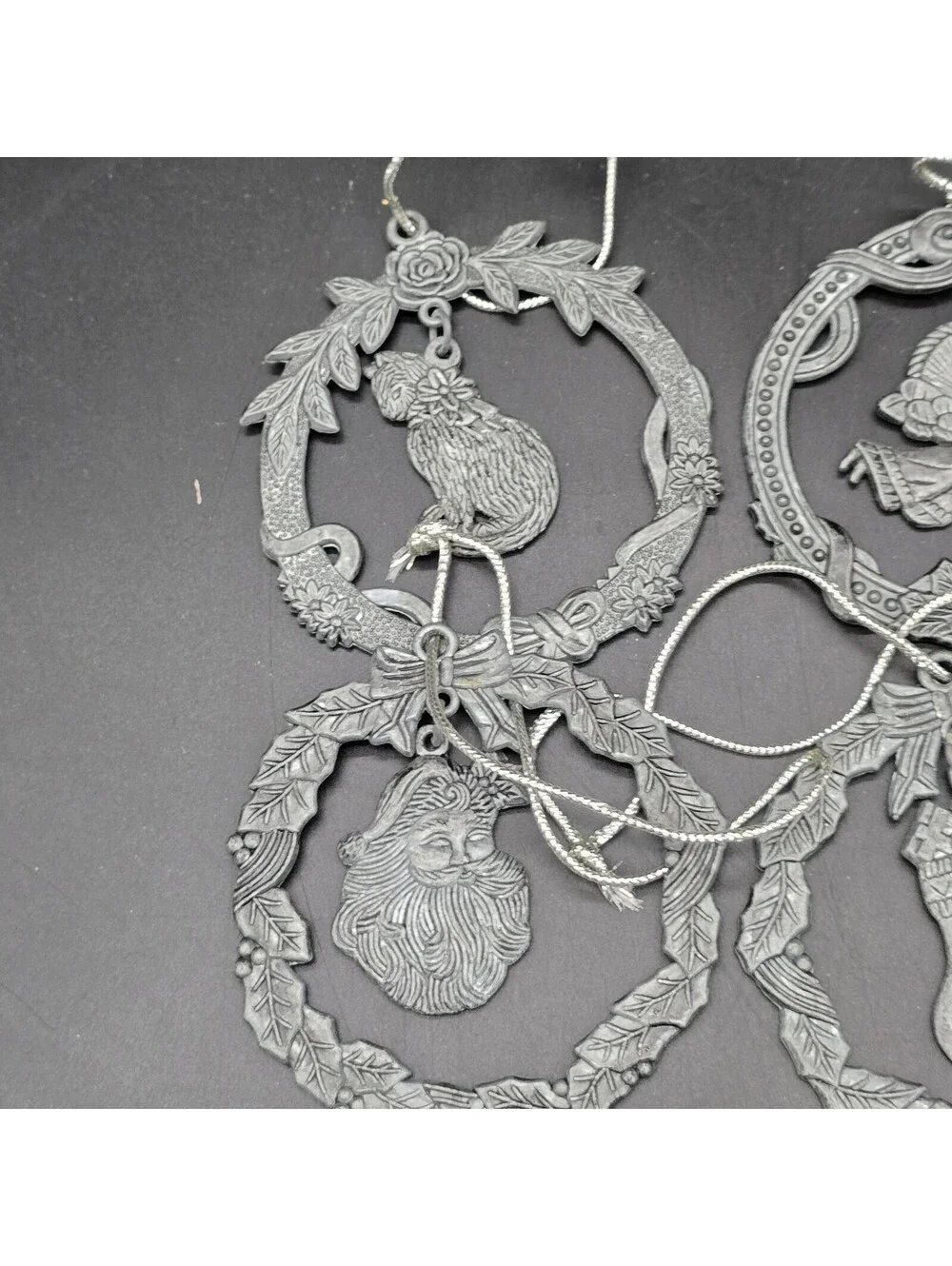 Vintage Christmas Pewter Ornaments Set of 6 Wreath Angel Rocking Horse Cat Box